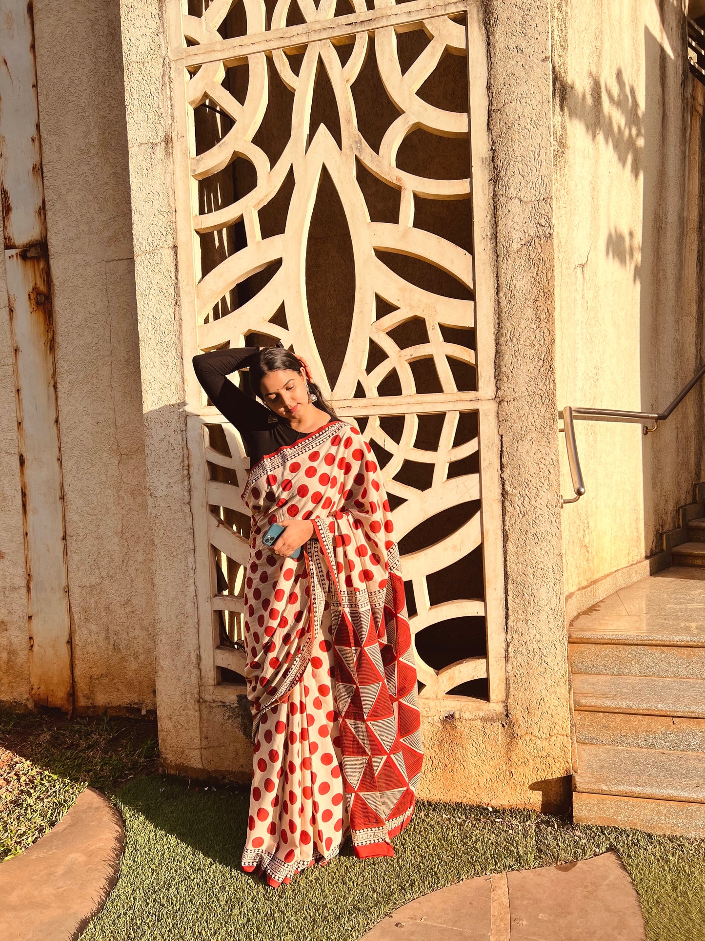 Red polka dots hand block saree