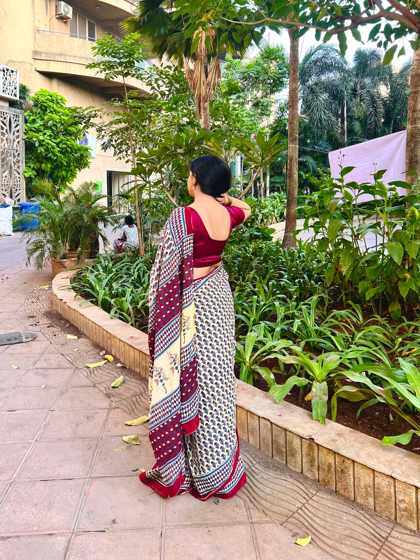 Maroon and Beige Handblock Cotton Saree with Blouse Piece