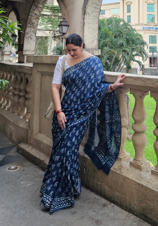 Indigo Elegance - Hand Block Printed Saree