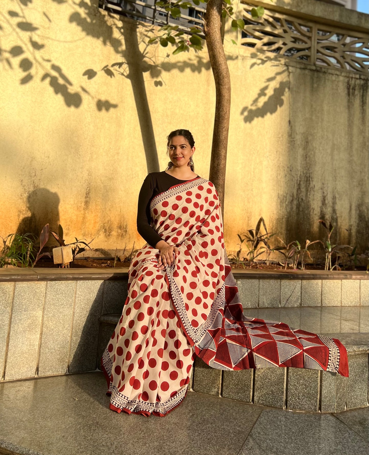 Red polka dots hand block saree