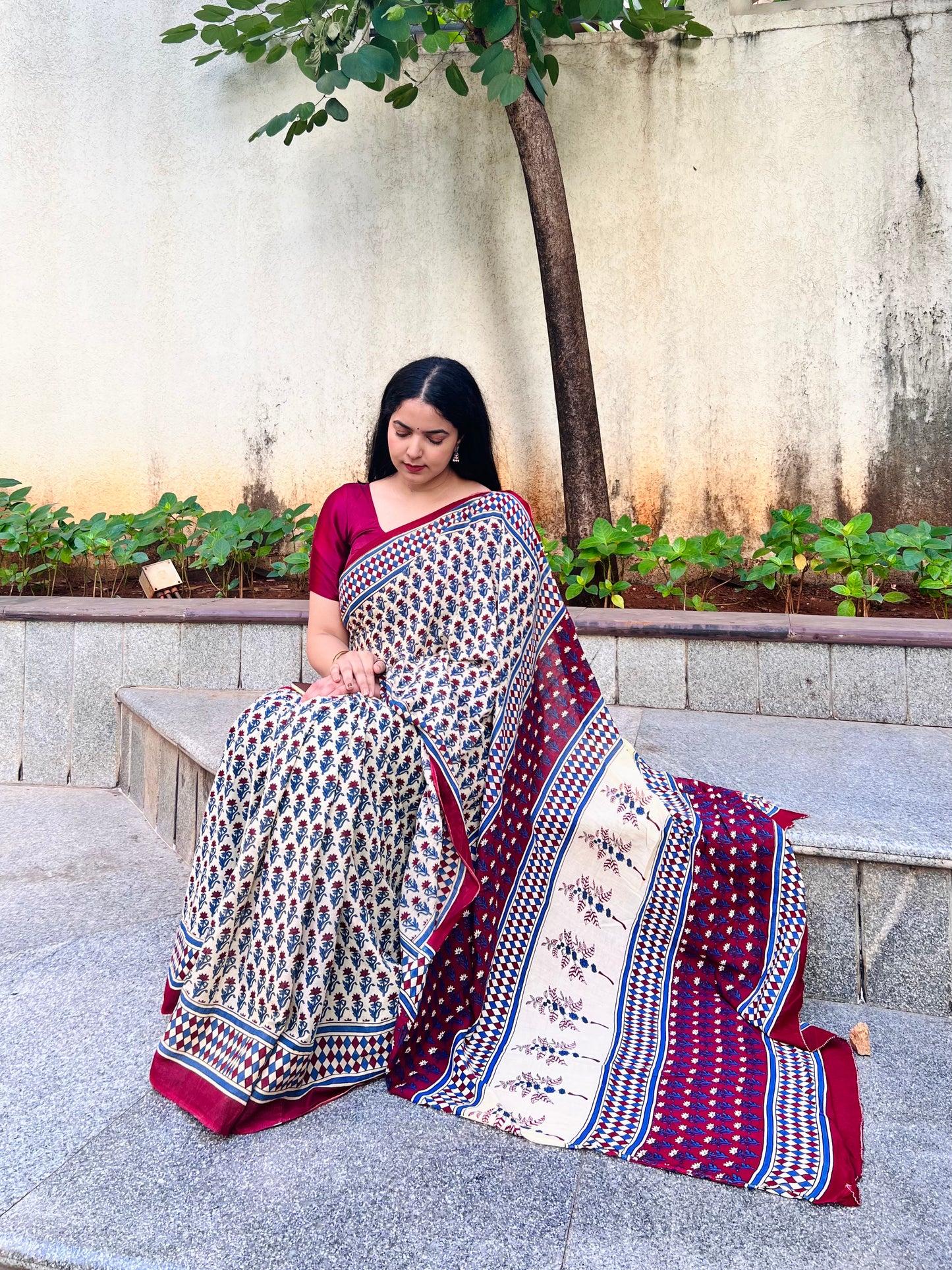 Maroon and Beige Handblock Cotton Saree with Blouse Piece