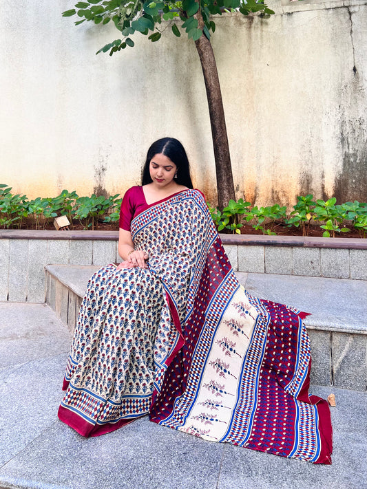 Maroon and Beige Handblock Cotton Saree with Blouse Piece