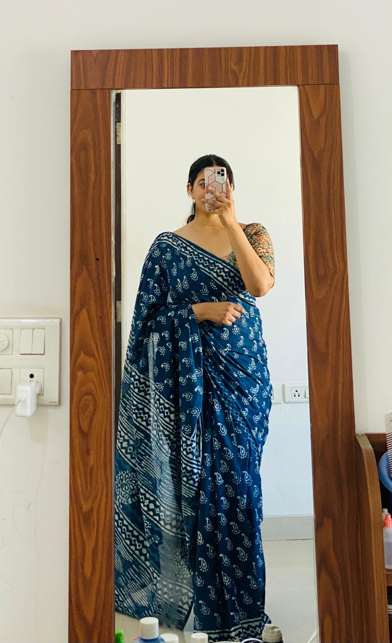 Indigo Elegance - Hand Block Printed Saree